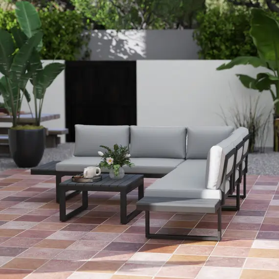 Buy 4 Pieces Garden Furniture Set, 5-Level Reclining Garden Corner Sofa Set, Outdoor Lounge Conversation Sectional with Cushions, Wood Effect Plastic Table, Black Frame & Light Grey Cushion, 9 image