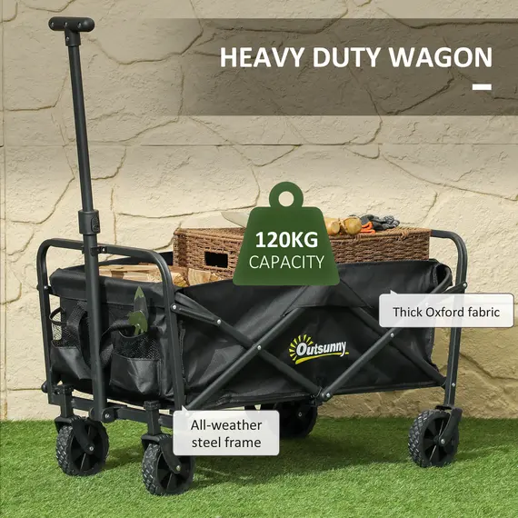 Buy Outsunny 62L Festival Trolley on Wheels, Garden Folding Trolley Cart, 120kg Heavy Duty Collapsible Folding Wagon with Adjustable Handle and Carrying Bag for Beach, Camping, Festival, Black, 5 image