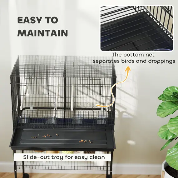 Buy Bird Cage with Divider, 4 Wooden Perches, Slide Out Tray, 4 Feeders, for Budgie, Lovebird, Canary, 76 x 46 x 116cm Black, 7 image