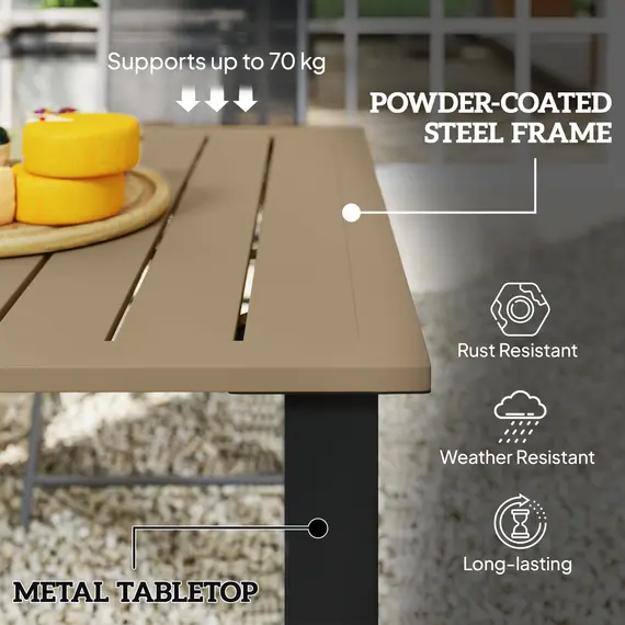 Buy Outsunny Garden Dining Table for 6 with Parasol Hole, Rectangle Outdoor Garden Table with Slatted Metal Top, Steel Frame, Brown, 7 image