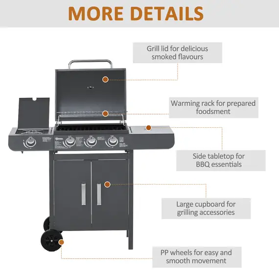 Buy Outsunny 3+1 Burner Gas BBQ Grill, Outdoor Barbecue Trolley with Wheels, Warming Rack, Side Shelves, Cabinet, Thermometer for Garden, Party, Camping, 110L x 50W x 100Hcm, Grey, 7 image