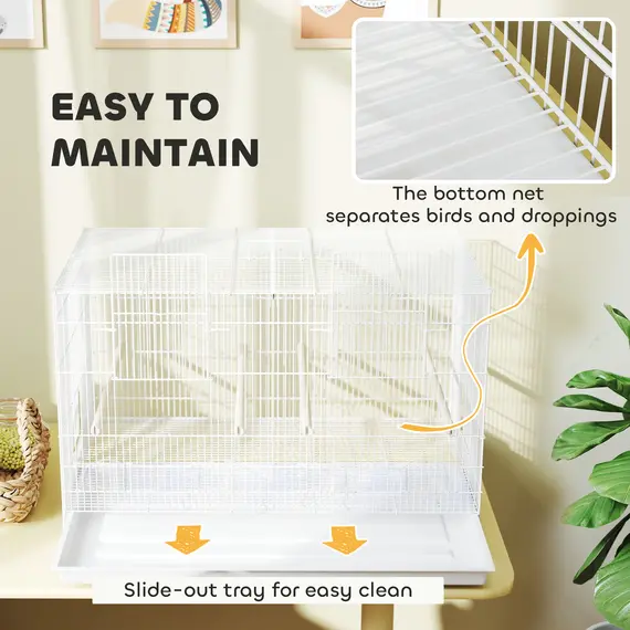 Buy Bird Cage with Divider, 4 Wooden Perches, Slide Out Tray, 4 Feeders, for Budgie, Lovebird, Canary, 76 x 46 x 46cm, White, 7 image