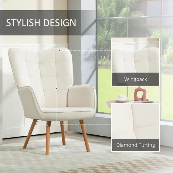 Buy HOMCOM Modern Accent Chair Set of 2 Velvet-Touch Tufted Wingback Armchair Upholstered Leisure Lounge Sofa Club Chair with Wood Legs, Cream White, 5 image