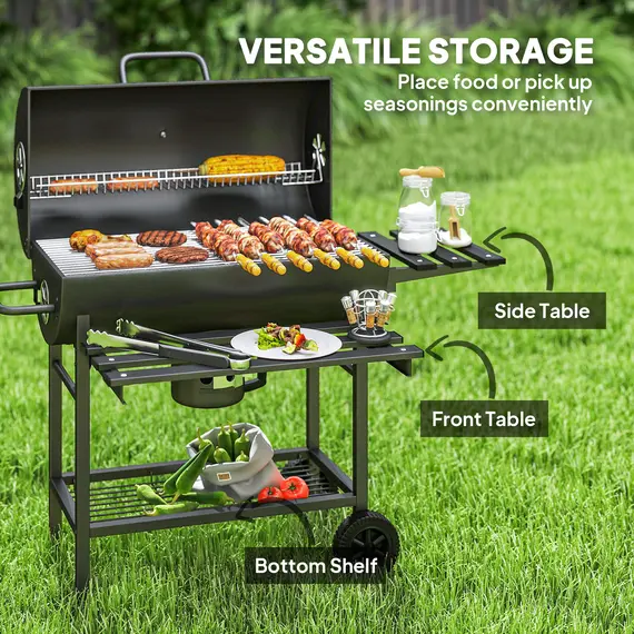 Buy Charcoal BBQ Grill with Foldable Front Side Shelf, Portable Barbecue Smoker with Warming Rack, Bottom Shelf, Lid, Temperature Gauge, Wheels for Outdoor Cooking Garden Party, Black, 6 image