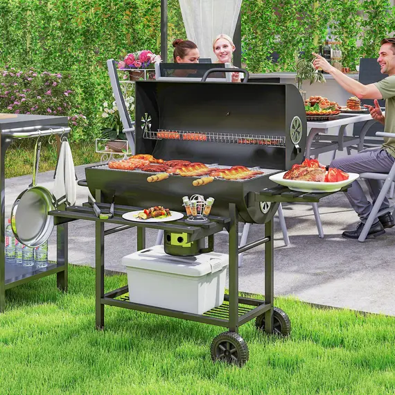 Buy Charcoal BBQ Grill with Foldable Front Side Shelf, Portable Barbecue Smoker with Warming Rack, Bottom Shelf, Lid, Temperature Gauge, Wheels for Outdoor Cooking Garden Party, Black, 2 image