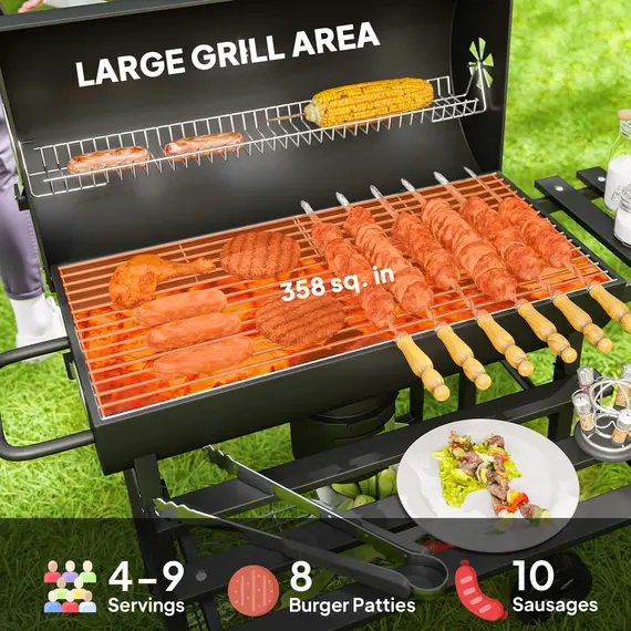 Buy Charcoal BBQ Grill with Foldable Front Side Shelf, Portable Barbecue Smoker with Warming Rack, Bottom Shelf, Lid, Temperature Gauge, Wheels for Outdoor Cooking Garden Party, Black, 4 image