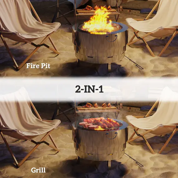 Buy Stainless Steel Wood-burning Fire Pit with Fire Poker - Silver, 4 image