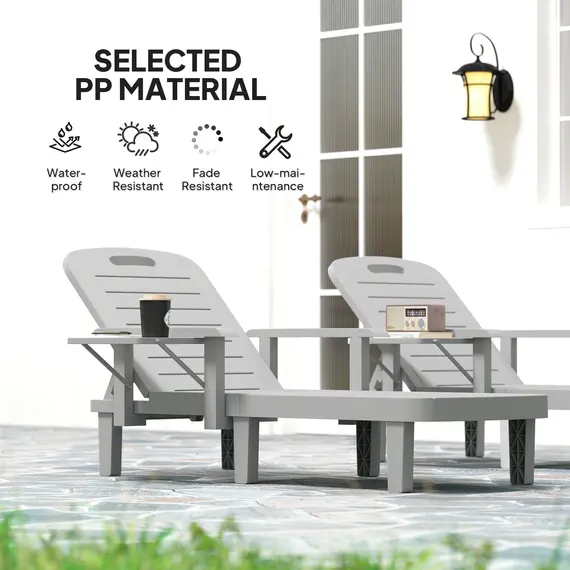 Buy Outsunny Set of 2 Resin Reclining Sun Loungers for Garden, 5 Positions Adjustable Outdoor Chaise Lounge Chairs with Wood Texture Surface, Armrests, Foldable Side Table for Garden, Beach, Light Grey, 6 image