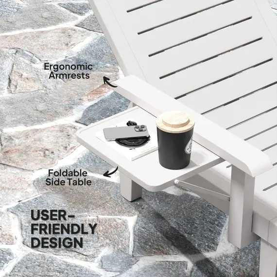 Buy Outsunny Set of 2 Resin Reclining Sun Loungers for Garden, 5 Positions Adjustable Outdoor Chaise Lounge Chairs with Wood Texture Surface, Armrests, Foldable Side Table for Garden, Beach, White, 5 image