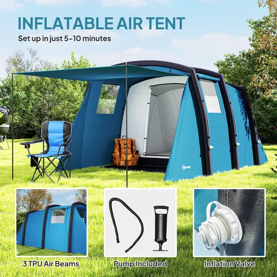 Buy Inflatable 3-4 Man Tunnel Tent w/ Air Pump, Living Area & Vestibule, Waterproof Family Camping Air Tent w/ Sewn In Groundsheet & Removable Footprint for Camping, Hiking, Blue, 4 image