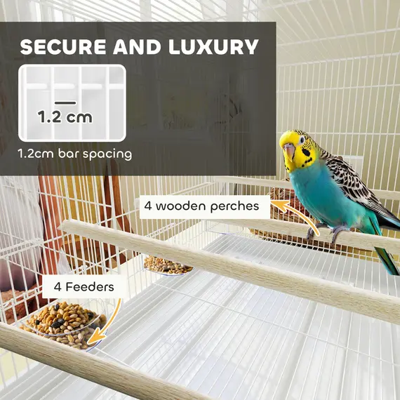 Buy Bird Cage with Divider, 4 Wooden Perches, Slide Out Tray, 4 Feeders, for Budgie, Lovebird, Canary, 76 x 46 x 46cm, White, 5 image