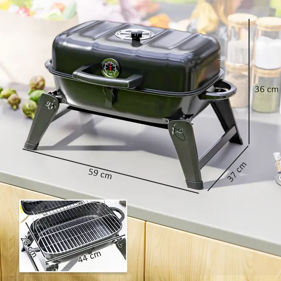 Buy Charcoal Barbecue Grill Folding Portable BBQ Grill for Camping with 1232 cm² Cooking Area, Adjustable Vent, Thermometer, Handles for Picnic, 59 x 37 x 36 cm, Black, 3 image