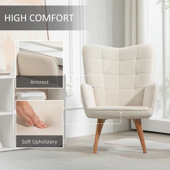 Buy HOMCOM Modern Accent Chair Set of 2 Velvet-Touch Tufted Wingback Armchair Upholstered Leisure Lounge Sofa Club Chair with Wood Legs, Cream White, 4 image