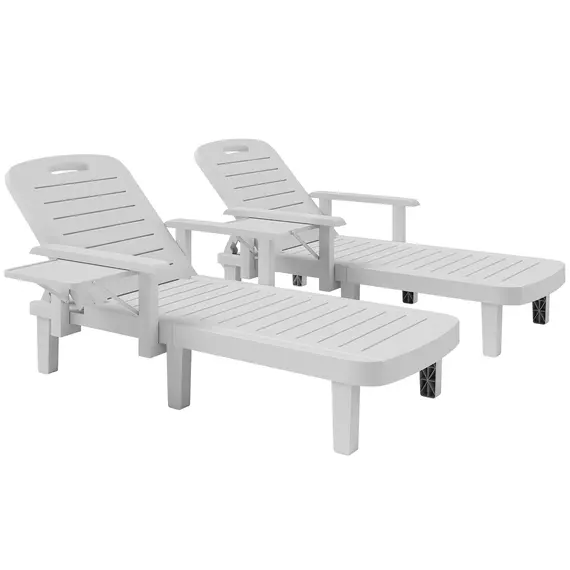 Buy Outsunny Set of 2 Resin Reclining Sun Loungers for Garden, 5 Positions Adjustable Outdoor Chaise Lounge Chairs with Wood Texture Surface, Armrests, Foldable Side Table for Garden, Beach, White