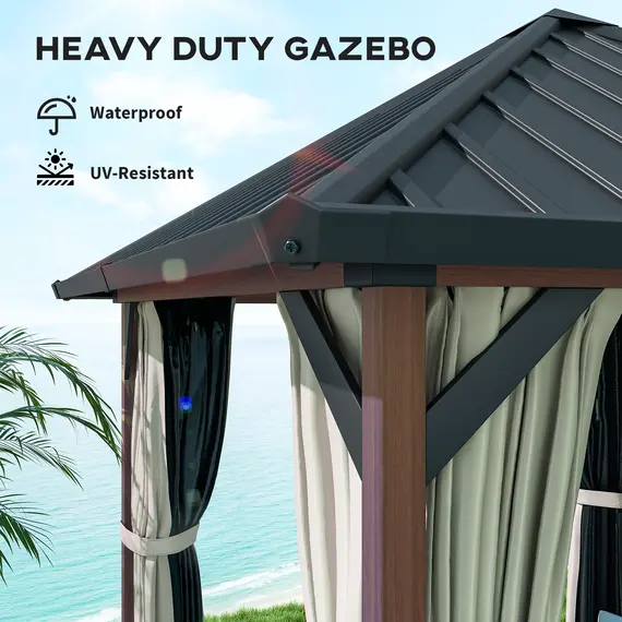 Buy Outsunny 3 x 3(m) Hardtop Gazebo with Galvanised Steel Roof and Water Gutter, Waterproof Permanent Pavilion Garden Gazebo with Netting and Curtains for Patio, Deck, Walnut Wood Finish, 4 image
