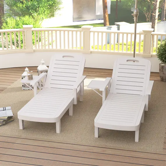 Buy Outsunny Set of 2 Resin Reclining Sun Loungers for Garden, 5 Positions Adjustable Outdoor Chaise Lounge Chairs with Wood Texture Surface, Armrests, Foldable Side Table for Garden, Beach, White, 8 image