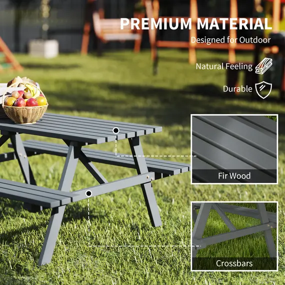 Buy Outsunny 6 Seater Wooden Picnic Table Bench for Outdoor Garden or Patio with Parasol Cutout 150 cm Grey, 5 image