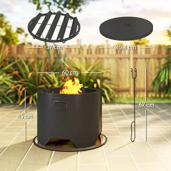 Buy Outdoor Round Fire Pit with Lid and Fire Poker - Black, 3 image