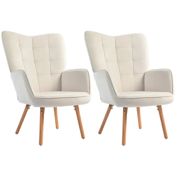 Buy HOMCOM Modern Accent Chair Set of 2 Velvet-Touch Tufted Wingback Armchair Upholstered Leisure Lounge Sofa Club Chair with Wood Legs, Cream White
