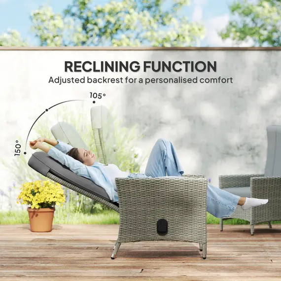 Buy 105°-150° Reclining Rattan Chair - Grey, 4 image