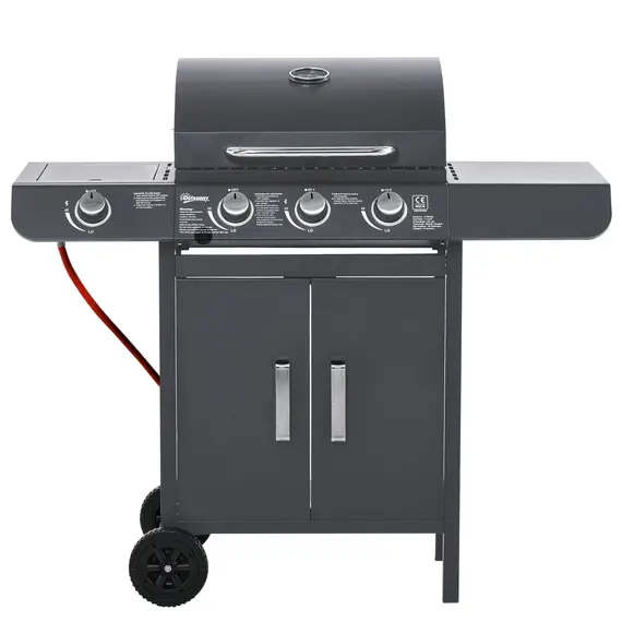 Buy Outsunny 3+1 Burner Gas BBQ Grill, Outdoor Barbecue Trolley with Wheels, Warming Rack, Side Shelves, Cabinet, Thermometer for Garden, Party, Camping, 110L x 50W x 100Hcm, Grey
