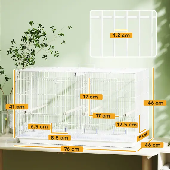 Buy Bird Cage with Divider, 4 Wooden Perches, Slide Out Tray, 4 Feeders, for Budgie, Lovebird, Canary, 76 x 46 x 46cm, White, 3 image