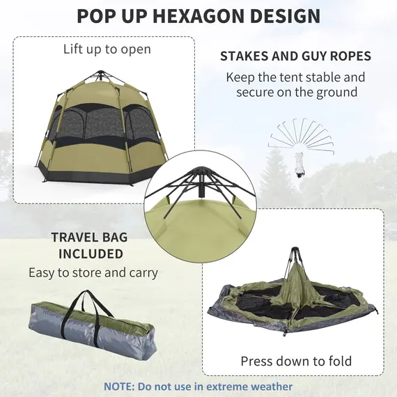 Buy Outsunny Six Man Hexagon Camping Tent with Hang Hook and Carry Bag - Dark Green and Light Grey, 5 image