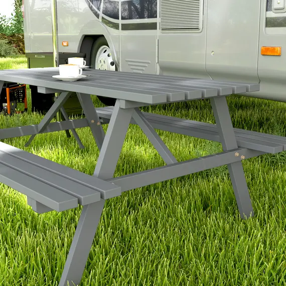 Buy Outsunny 6 Seater Wooden Picnic Table Bench for Outdoor Garden or Patio with Parasol Cutout 150 cm Grey, 9 image