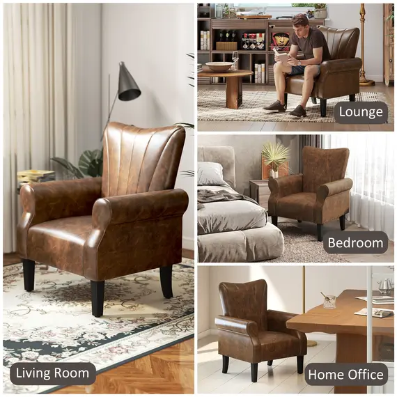 Buy Upholstered Accent Chair with Rolled Arms and Wood Legs, Armchair for Living Room Bedroom, Brown, 6 image