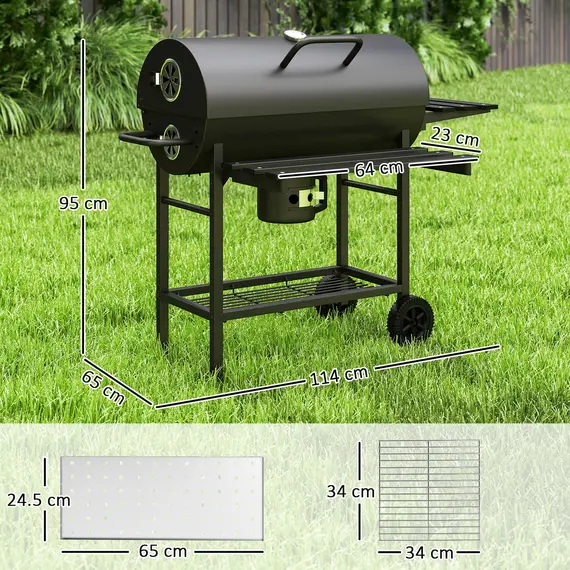 Buy Charcoal BBQ Grill with Foldable Front Side Shelf, Portable Barbecue Smoker with Warming Rack, Bottom Shelf, Lid, Temperature Gauge, Wheels for Outdoor Cooking Garden Party, Black, 3 image