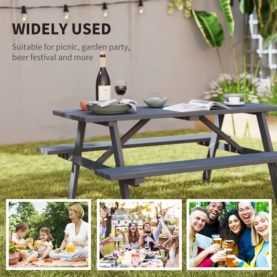 Buy Outsunny 6 Seater Wooden Picnic Table Bench for Outdoor Garden or Patio with Parasol Cutout 150 cm Grey, 7 image
