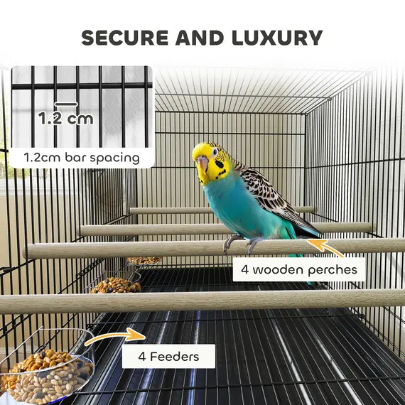 Buy Bird Cage with Divider, 4 Wooden Perches, Slide Out Tray, 4 Feeders, for Budgie, Lovebird, Canary, 76 x 46 x 116cm Black, 5 image