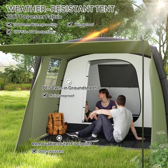 Buy Inflatable 3-4 Man Tunnel Tent w/ Air Pump, Living Area & Vestibule, Waterproof Family Camping Air Tent w/ Sewn In Groundsheet & Removable Footprint for Camping, Hiking, Olive Green, 5 image