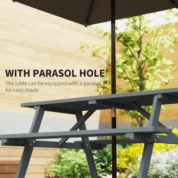 Buy Outsunny 6 Seater Wooden Picnic Table Bench for Outdoor Garden or Patio with Parasol Cutout 150 cm Grey, 4 image