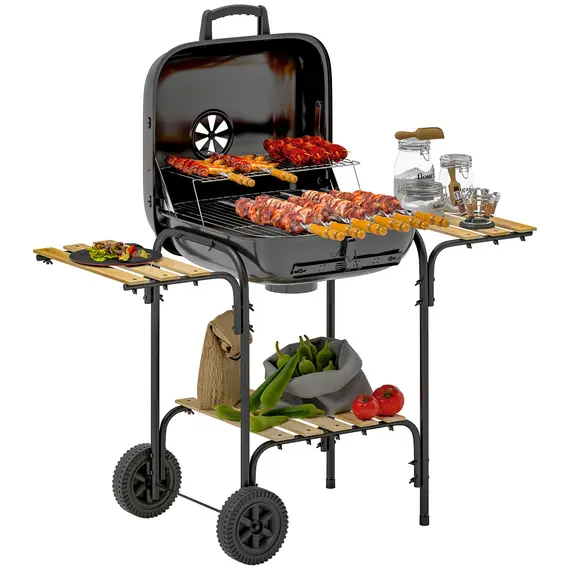 Buy Charcoal Barbecue Grill Portable BBQ Grill with 1840 cm² Cooking Area, 3 Shelves, Adjustable Vent, Lockable Lid, Wheels for Outdoor Cooking, Garden Party, Black