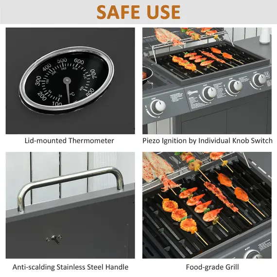 Buy Outsunny 3+1 Burner Gas BBQ Grill, Outdoor Barbecue Trolley with Wheels, Warming Rack, Side Shelves, Cabinet, Thermometer for Garden, Party, Camping, 110L x 50W x 100Hcm, Grey, 6 image