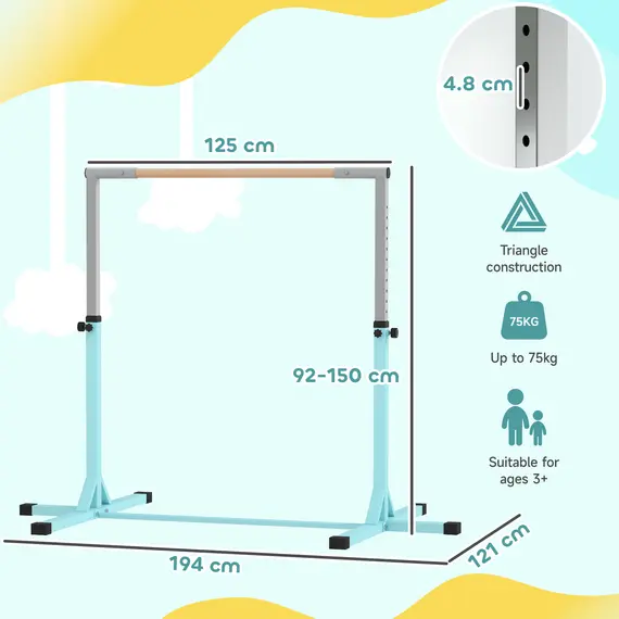 Buy HOMCOM Height Adjustable Gymnastics Horizontal Bar for Kids, Children Junior Kip High Bar Fitness, Light Blue, 3 image