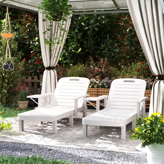 Buy Outsunny Set of 2 Resin Reclining Sun Loungers for Garden, 5 Positions Adjustable Outdoor Chaise Lounge Chairs with Wood Texture Surface, Armrests, Foldable Side Table for Garden, Beach, White, 2 image