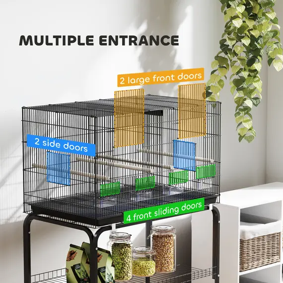 Buy Bird Cage with Divider, 4 Wooden Perches, Slide Out Tray, 4 Feeders, for Budgie, Lovebird, Canary, 76 x 46 x 116cm Black, 6 image