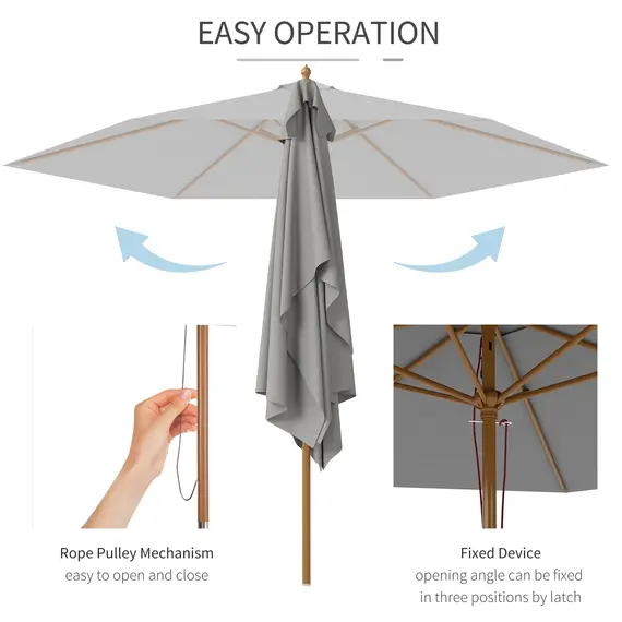Buy Outsunny 2.5m Wood Garden Parasol Sun Shade Patio Outdoor Wooden Umbrella Canopy, Table Market Umbrella with Vent, 38mm Pole, Rope Pulley Mechanism, Light Grey, 5 image