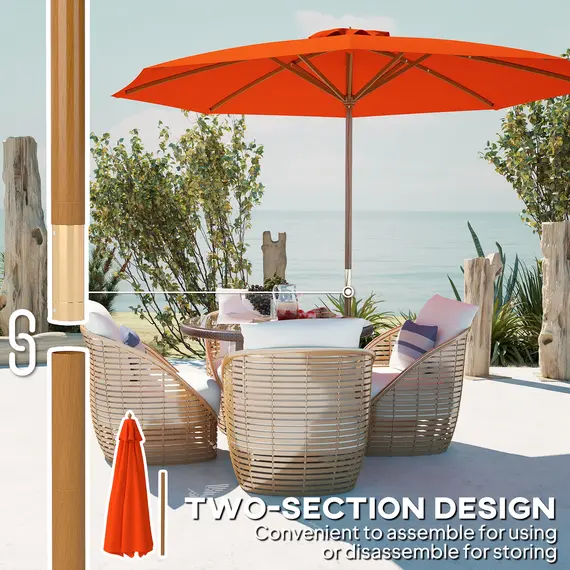 Buy Outsunny 3m Wood Pole Parasol Umbrella - Orange, 6 image