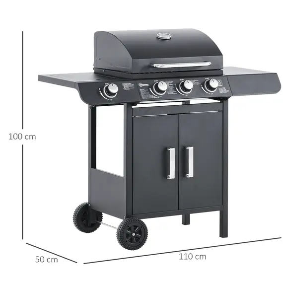 Buy Outsunny 3+1 Burner Gas BBQ Grill, Outdoor Barbecue Trolley with Wheels, Warming Rack, Side Shelves, Cabinet, Thermometer for Garden, Party, Camping, 110L x 50W x 100Hcm, Grey, 3 image