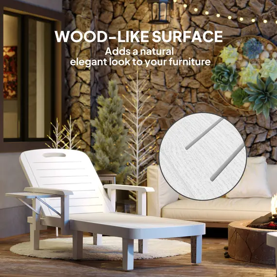 Buy Outsunny Set of 2 Resin Reclining Sun Loungers for Garden, 5 Positions Adjustable Outdoor Chaise Lounge Chairs with Wood Texture Surface, Armrests, Foldable Side Table for Garden, Beach, White, 7 image
