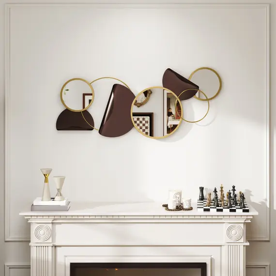 Buy Metal Wall Art, Modern Decorative Mirror Decor, Hanging Home Wall Decoration for Living Room Bedroom Dining Room, Gold Tone, 2 image