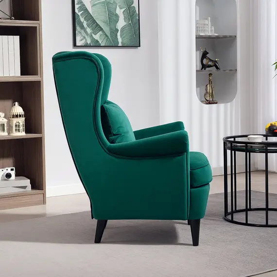 Buy Modern Accent Chair, Upholstered Wingback Armchair with High Backrest and Pillow, Velvet-Feel Fabric Reading Chair with Solid Wood Legs for Living Room, Bedroom, Home Office, Dark Green, 7 image