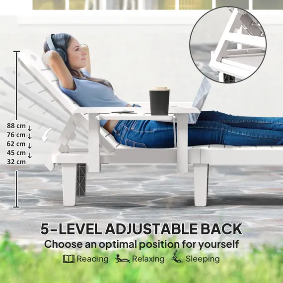Buy Outsunny Set of 2 Resin Reclining Sun Loungers for Garden, 5 Positions Adjustable Outdoor Chaise Lounge Chairs with Wood Texture Surface, Armrests, Foldable Side Table for Garden, Beach, White, 4 image