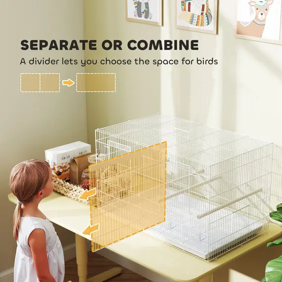 Buy Bird Cage with Divider, 4 Wooden Perches, Slide Out Tray, 4 Feeders, for Budgie, Lovebird, Canary, 76 x 46 x 46cm, White, 4 image