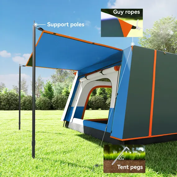 Buy 5 Man Camping Tent, Double Layer Tunnel Tent with Porch, Living Area and 2 Bedrooms, Sewn in Groundsheet, 3000mm Waterproof and UPF 30+, Portable with Bag, Blue, 8 image