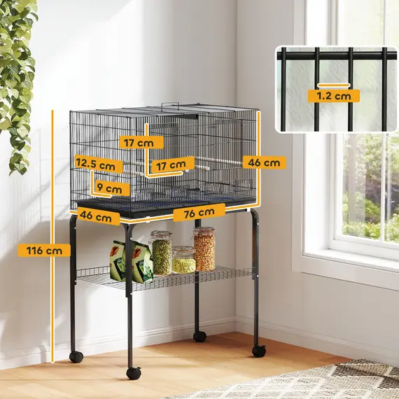 Buy Bird Cage with Divider, 4 Wooden Perches, Slide Out Tray, 4 Feeders, for Budgie, Lovebird, Canary, 76 x 46 x 116cm Black, 3 image
