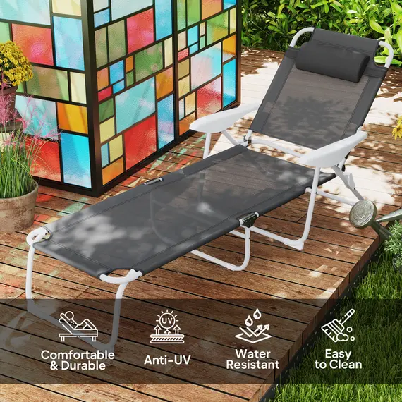 Buy Outsunny Foldable Lounge Chair with 4-Level Adjustable Backrest & Headrest - Charcoal Grey, 4 image